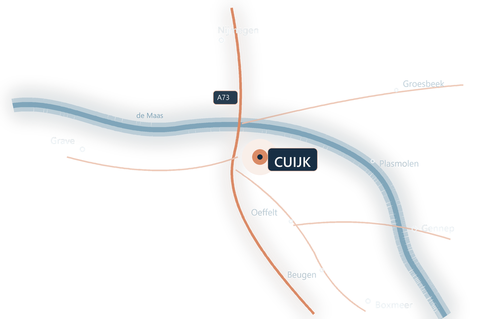 Abstracte transparante regiokaart met Cuijk centraal, de Maas, A73 en omliggende plaatsen